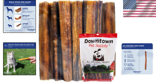 Natural 12 Inch Bully Stick Chews for Dogs - Grain-Free, Low Odor, 1 lb. Pack
