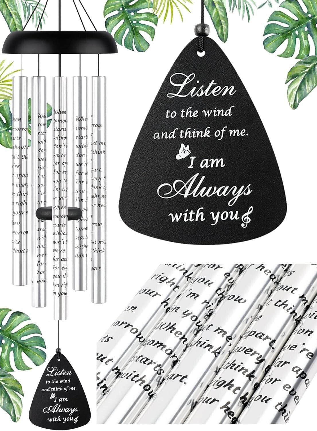 Elegant 36'' Memorial Wind Chimes with Healing Poem - Perfect for Grief Support