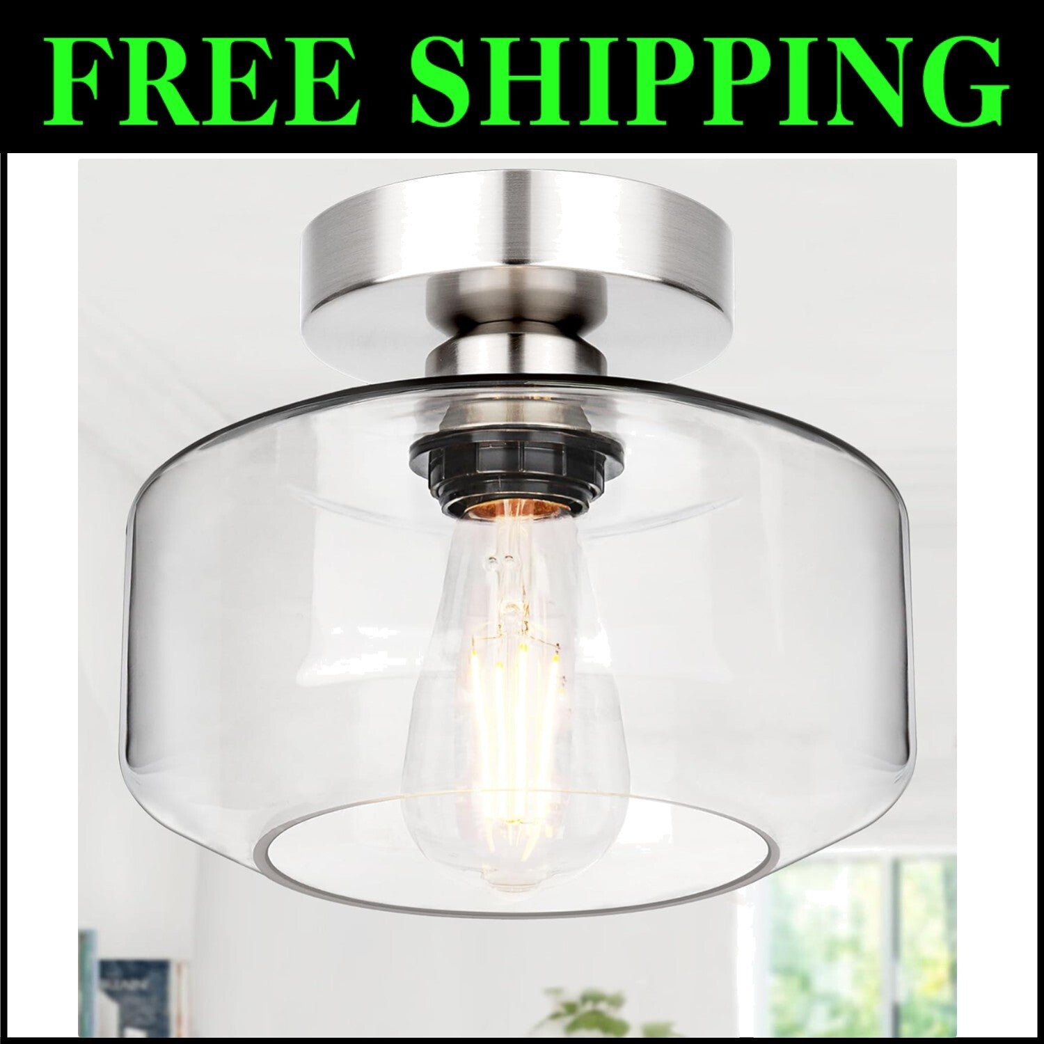 Semi Flush Mount Industrial Ceiling Light with Clear Glass and Brushed Nickel