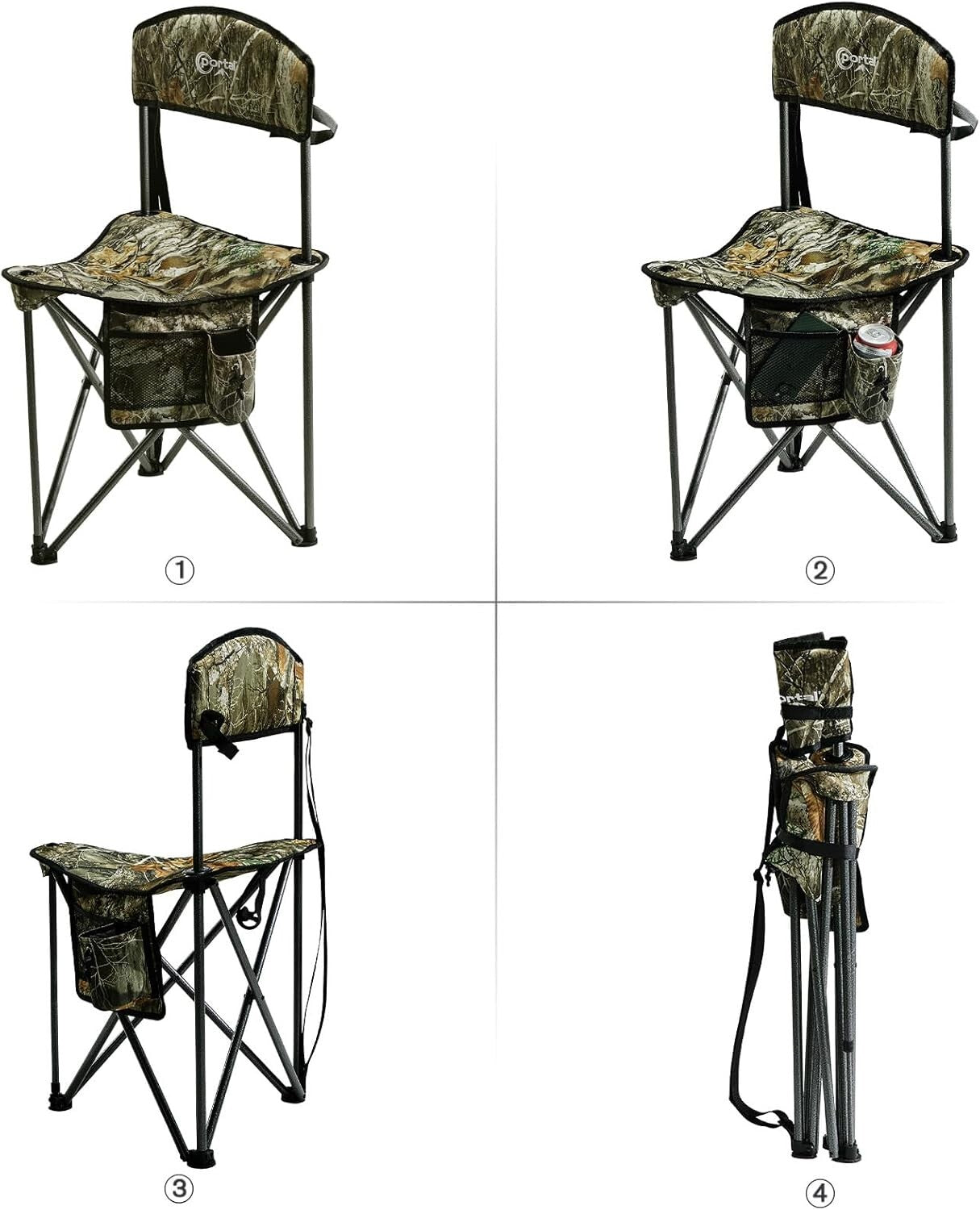 Lightweight Camo Tripod Stool with Backrest - Portable Camping Chair for 225 lbs