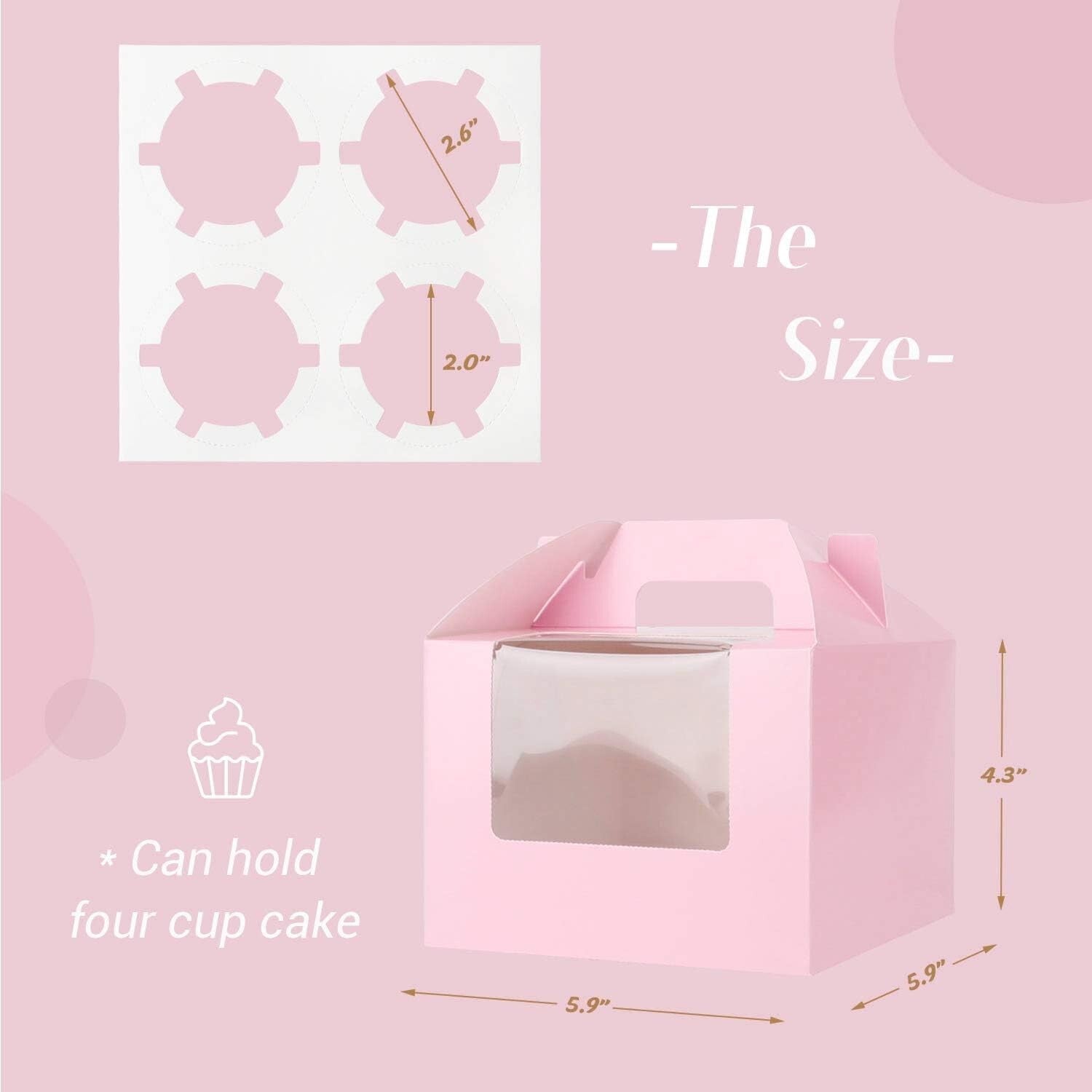 Elegant Pink Cupcake Boxes - 50 Pack with Inserts & Display Window, 5.9" x 5.9"