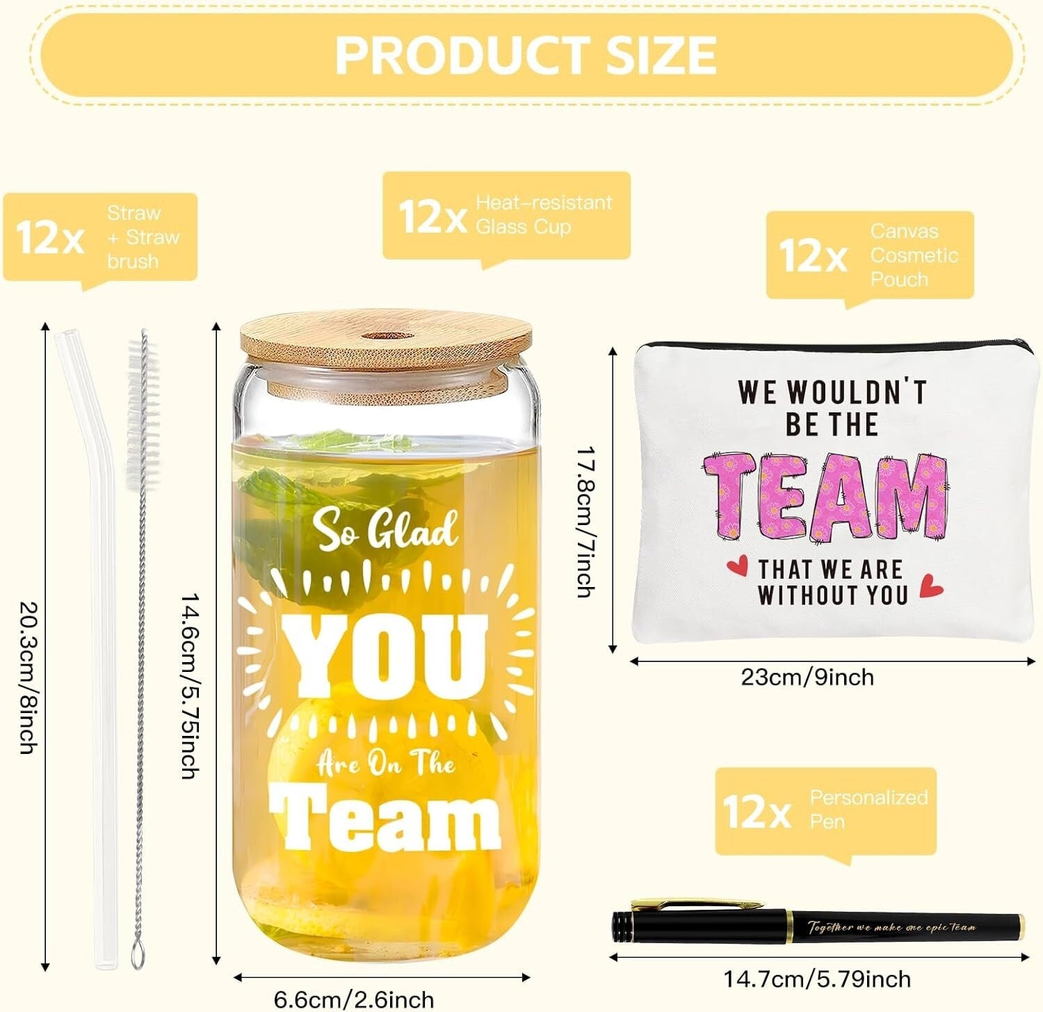 Thank You Gift Set - 12 Glass Cups, Makeup Bags & Pens for Employees, Teachers