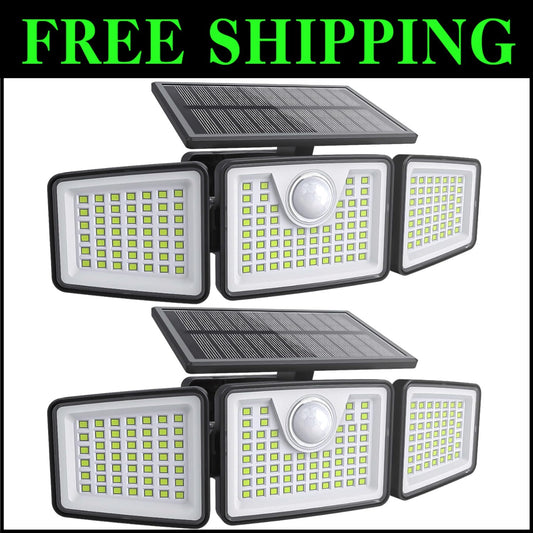 IP65 Waterproof Solar 3-Head Lights with Motion Sensor, 270° Wide Angle - 2 Pcs