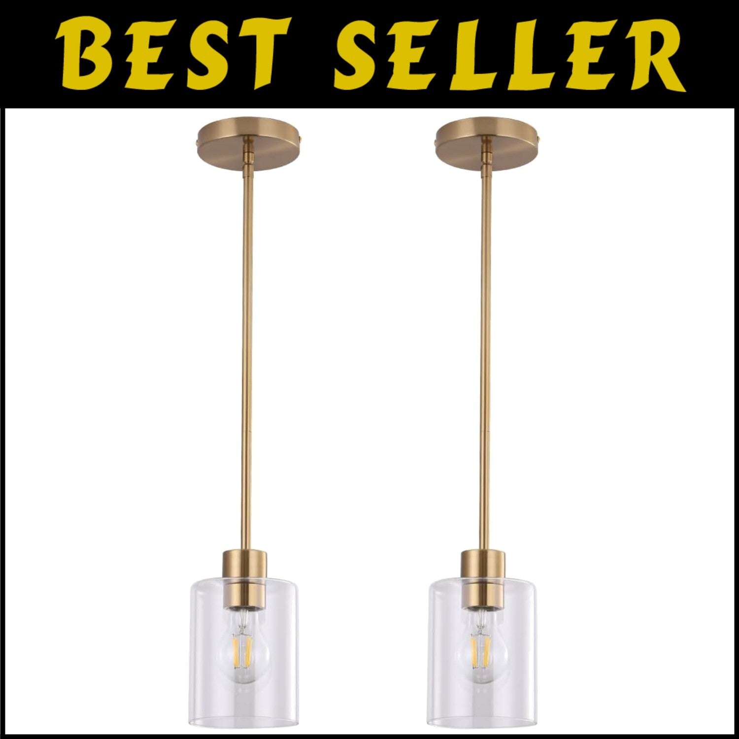 Elegant Brass Glass Pendant Lights for Kitchen Island - 2 Pack Dimmable Fixtures