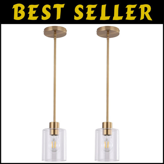 Elegant Brass Glass Pendant Lights for Kitchen Island - 2 Pack Dimmable Fixtures