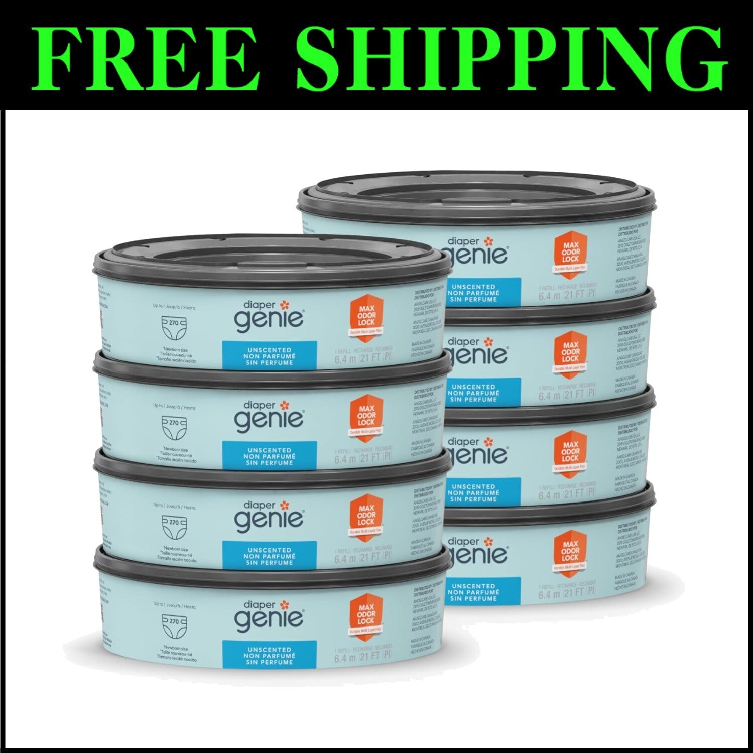 270 Count Diaper Pail Refills, 8 Pack with Blue Liners for Discreet Disposal