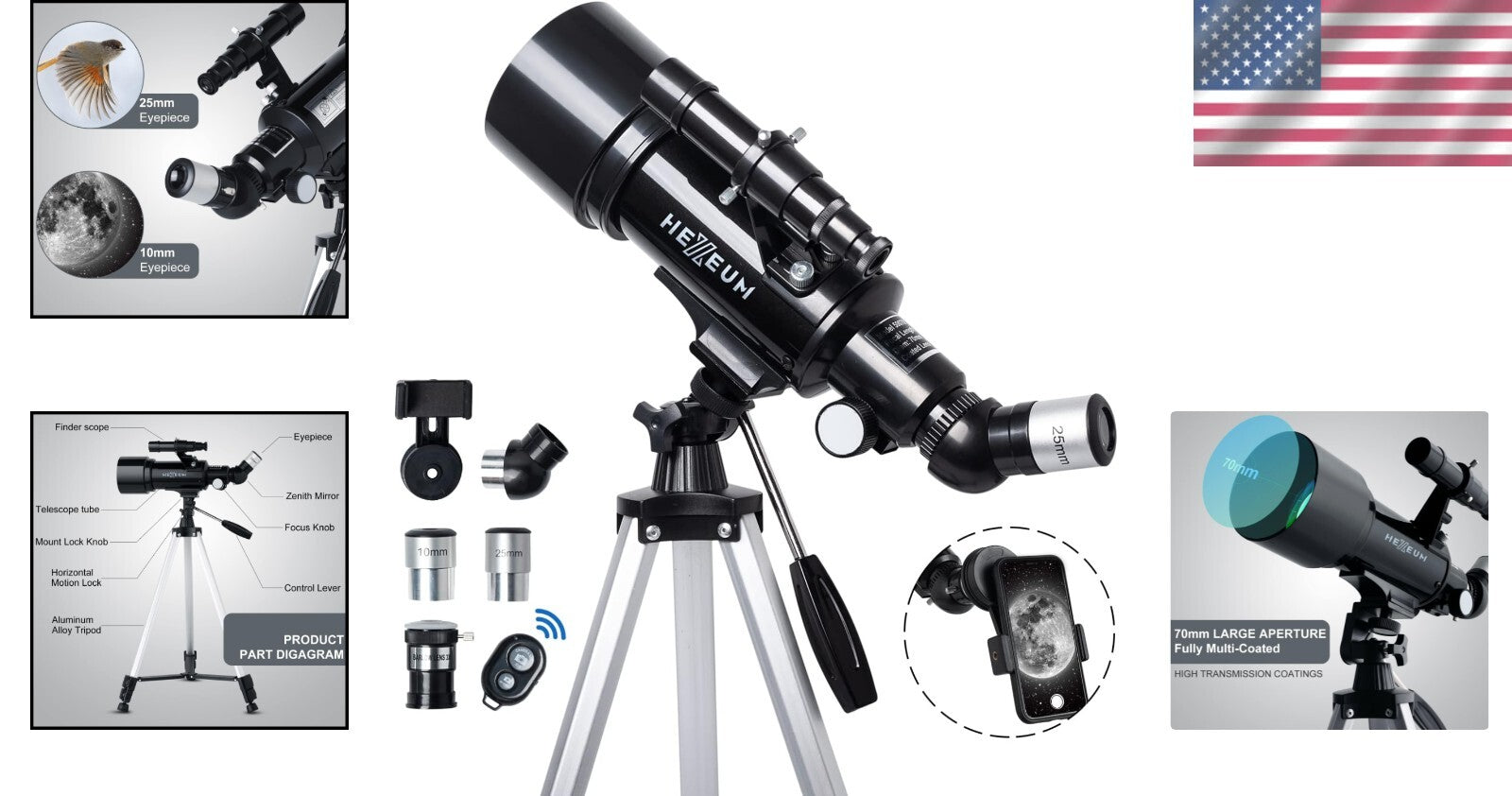 High Magnification 70mm Telescope with Wireless Remote - Perfect for Stargazing
