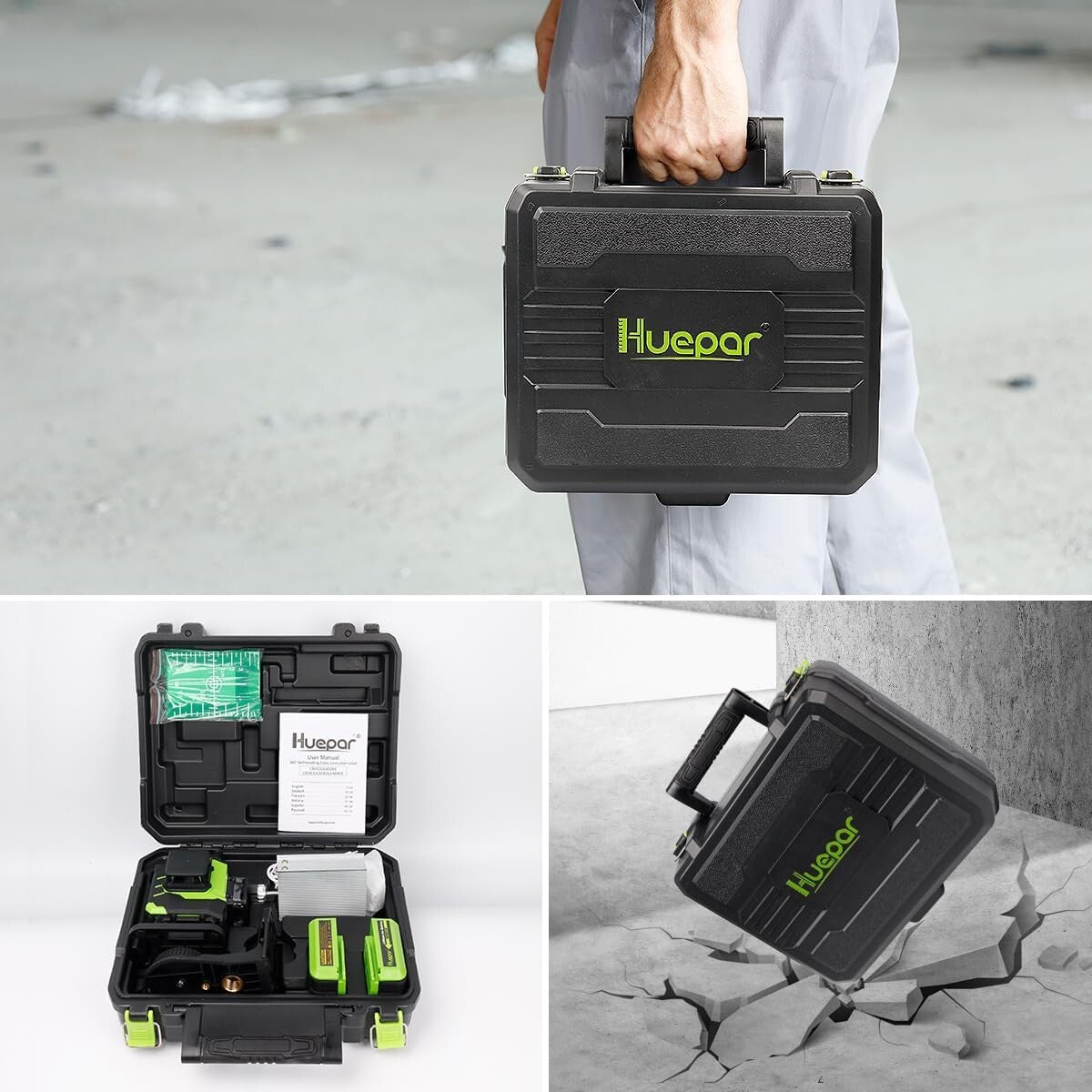Durable Green Beam 4X360° Laser Level with Lithium-ion Batteries + Accessories