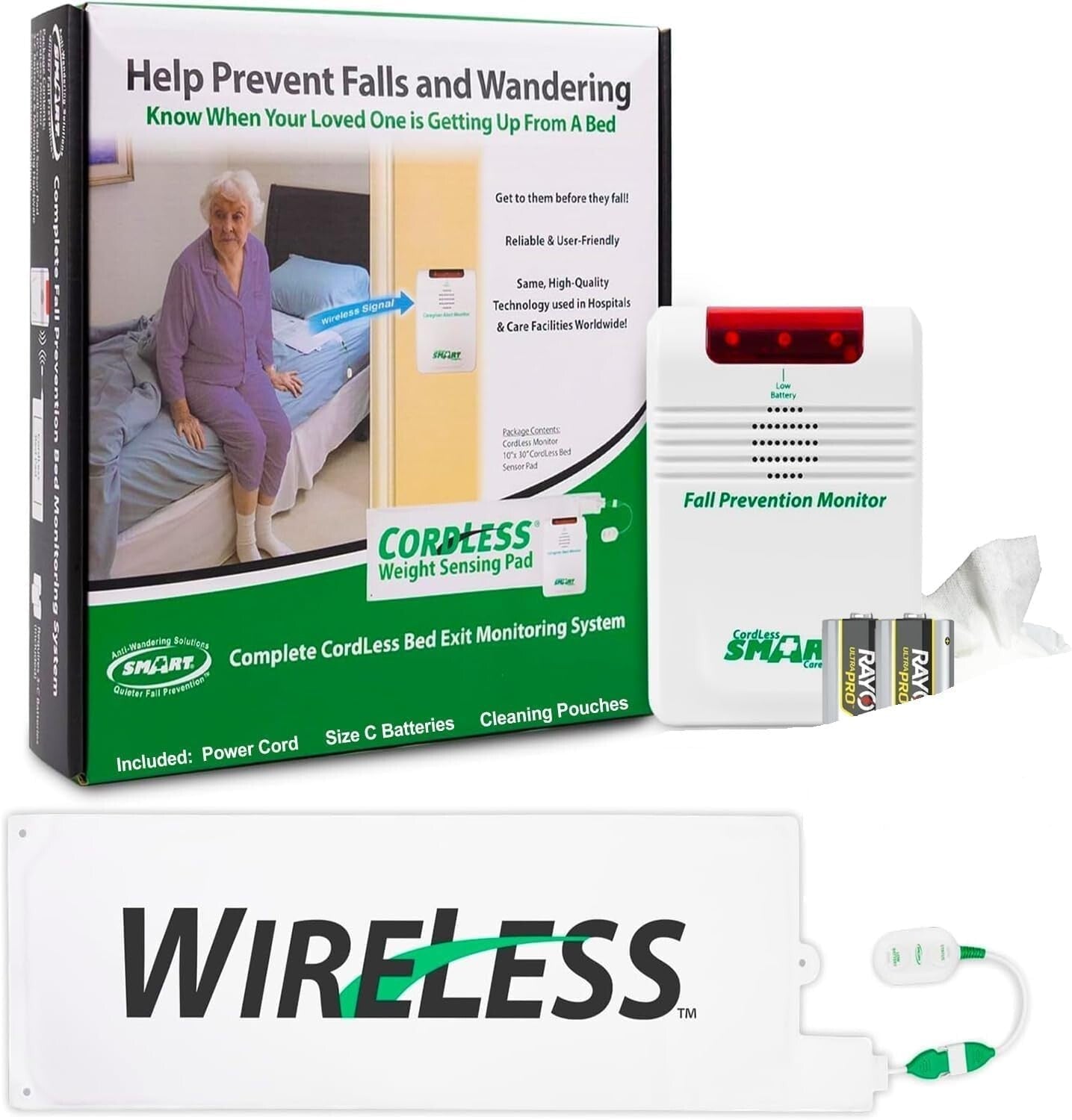 Smart Caregiver Wireless Bed Alarm System - 10x30” Safety Pad with Monitor