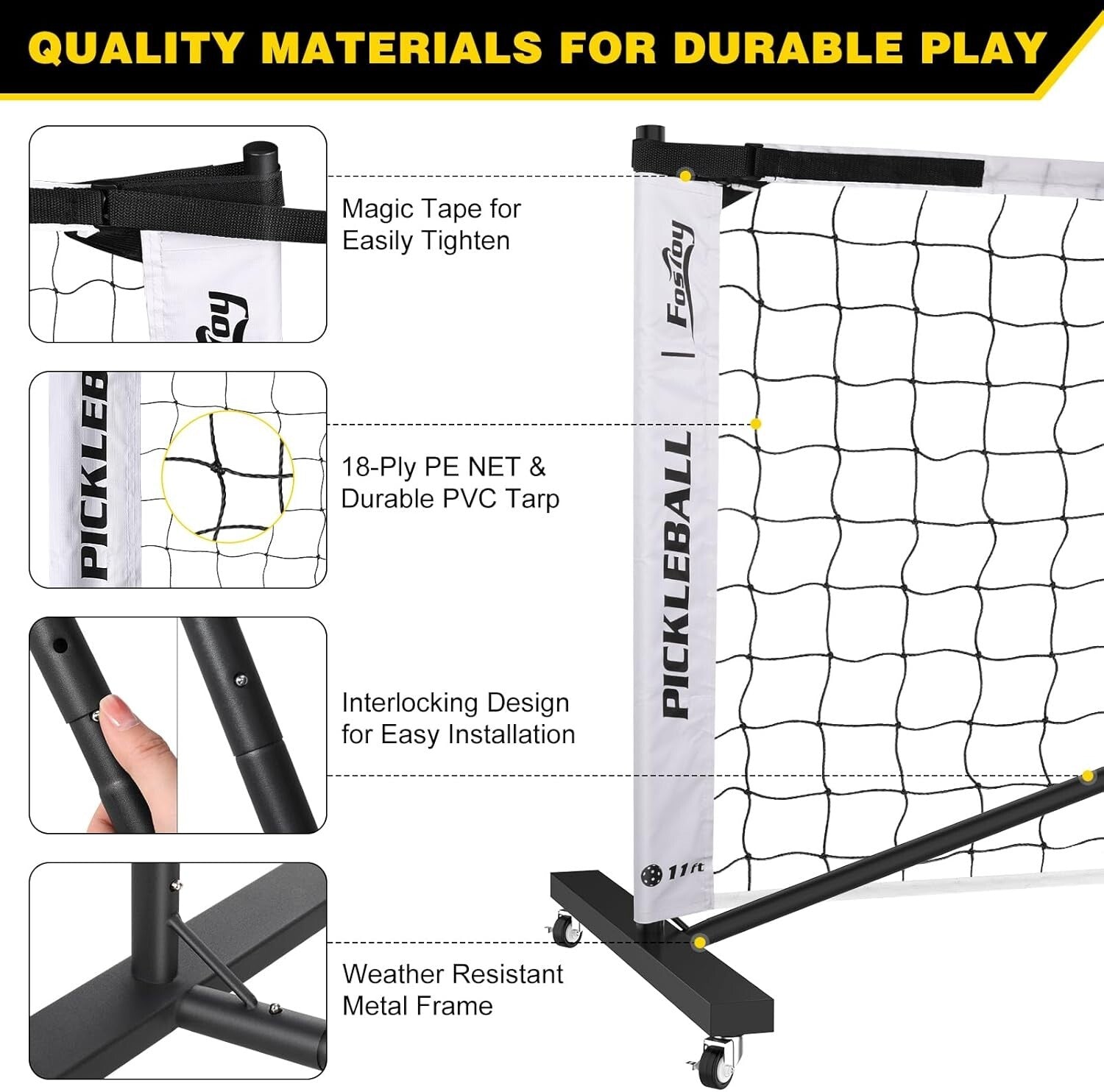 18-Ply Strong Portable Pickleball Net with Rollers - Perfect for Casual Matches
