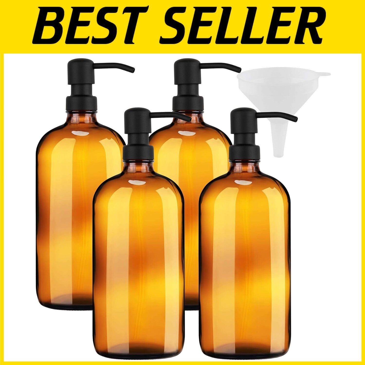 Elegant Amber Glass Dispenser - 4 Pack 32 oz Capacity with Stainless Steel Pumps