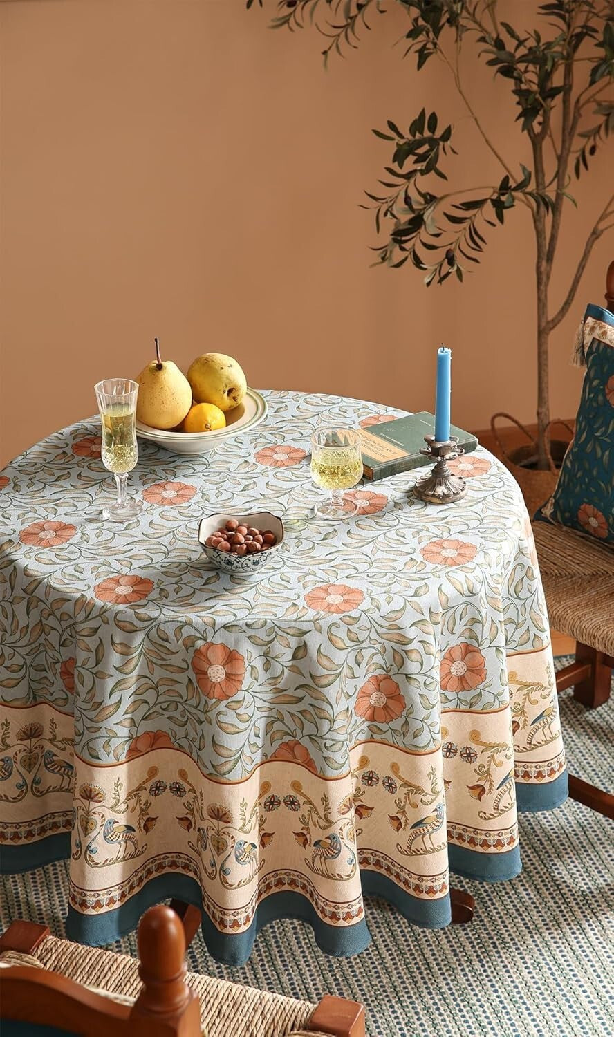 Elegant French Country Rustic Tablecloth - 67" Round with Pleated Corners