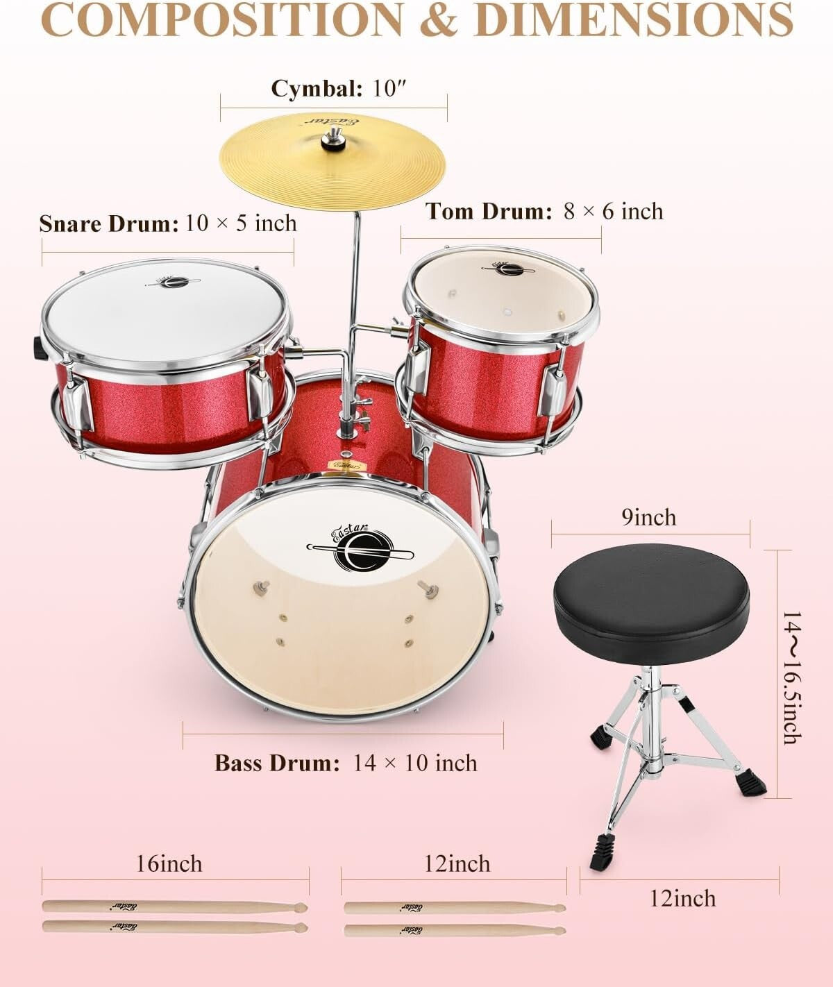 14-Inch Poplar Wood Drum Set for Kids with Cymbal & Drumming Essentials