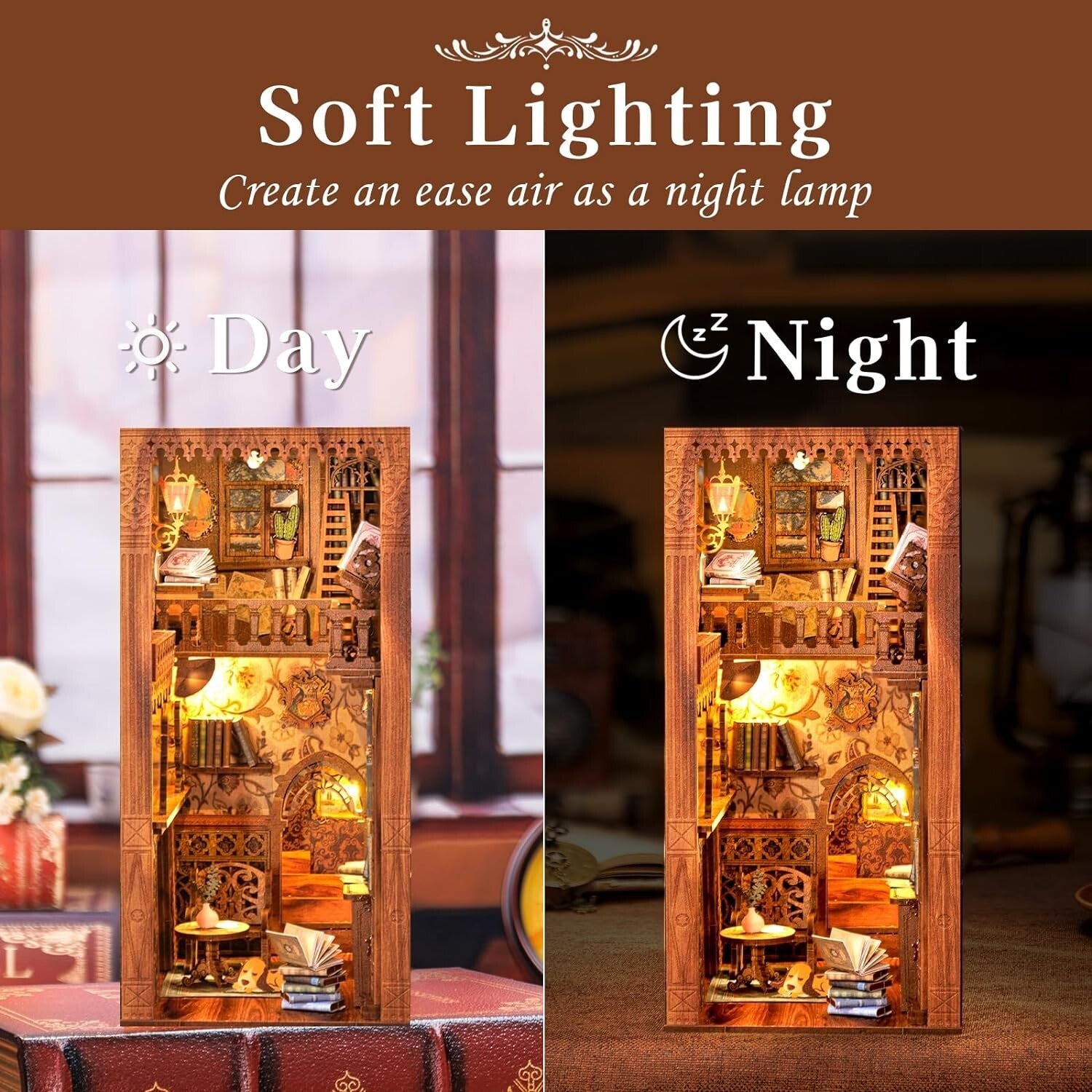 DIY Book Nook Kit with LED Lights - Wooden 3D Puzzle Bookends for Home Decor