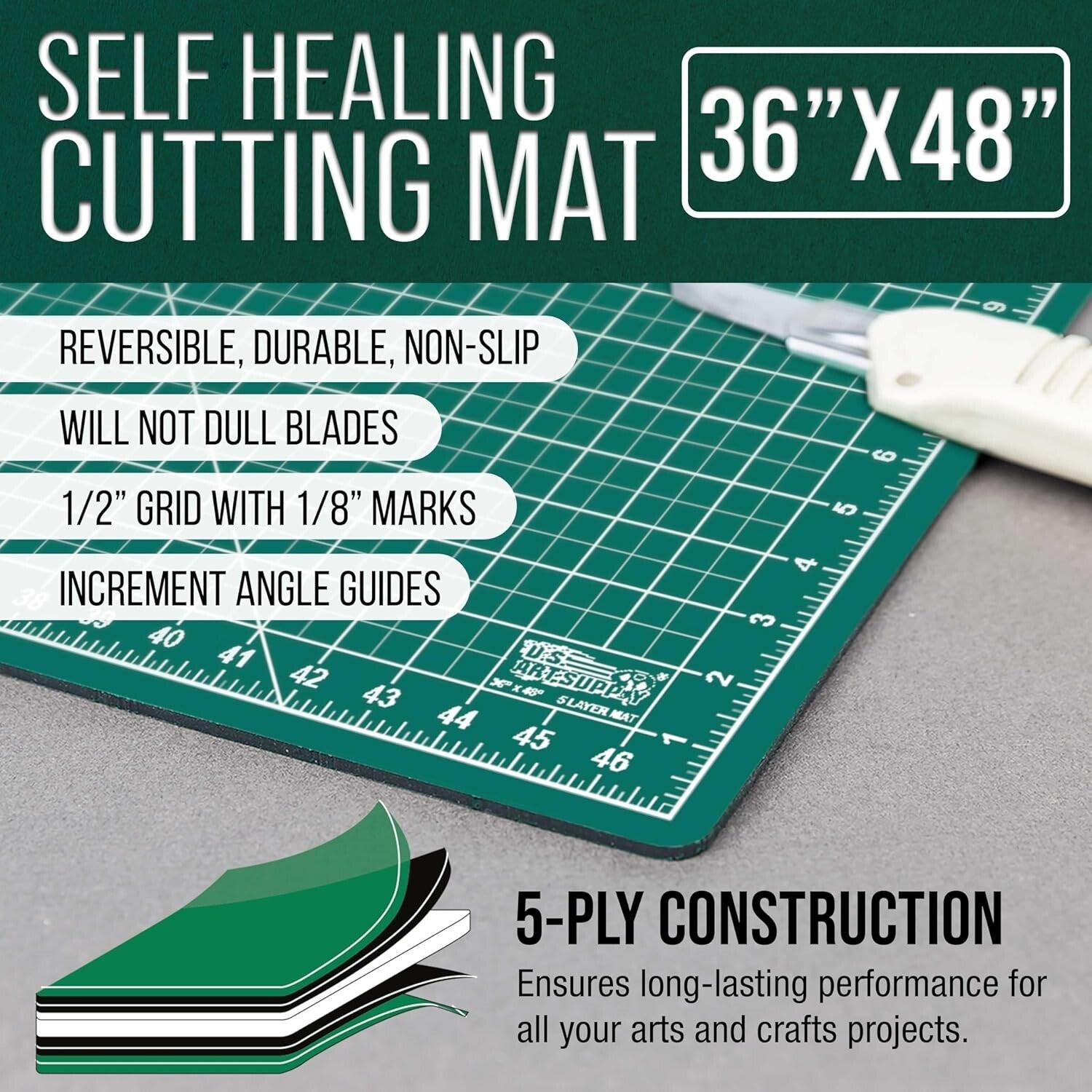 36" x 48" Professional Self-Healing Cutting Mat - Green/Black Non-Slip Design