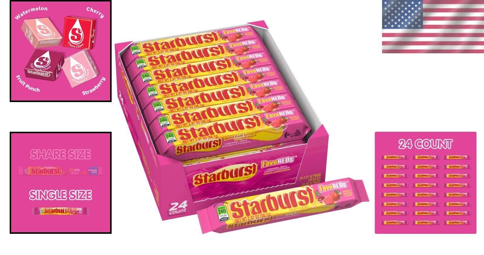 FaveREDS Chewy Candy Bulk Pack - 24 Full Size Juicy Red Flavor Treats