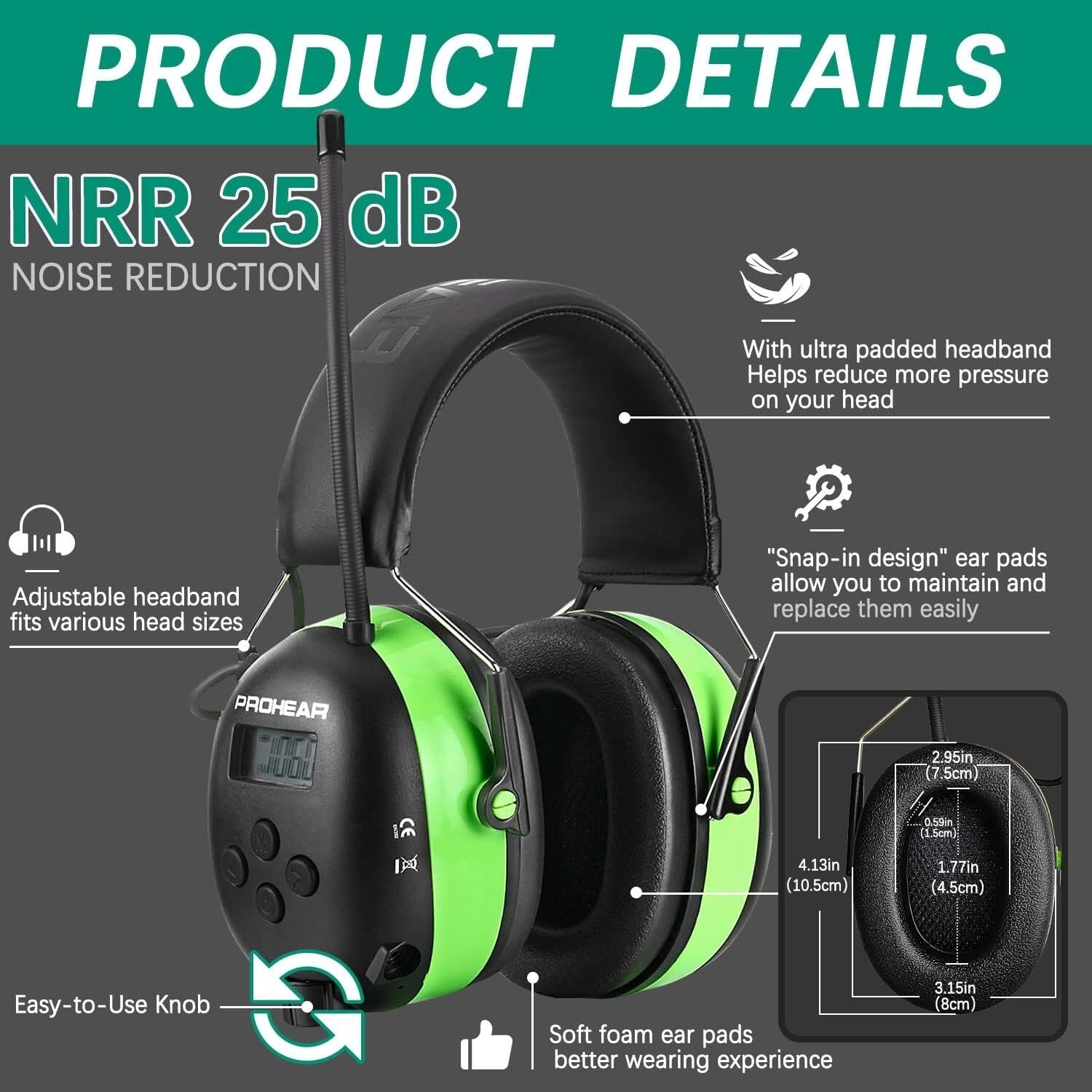 Premium 5.3 Bluetooth Earmuffs with AM/FM Radio & Rechargeable Battery - Green