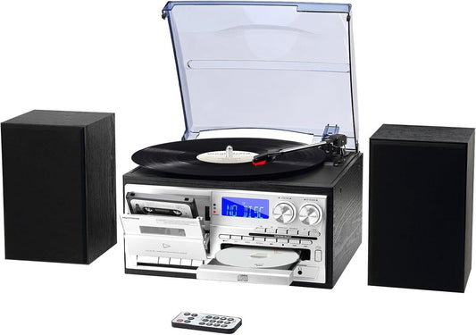 Compact Bluetooth Turntable & AM/FM Radio with External Speakers, USB/SD Options
