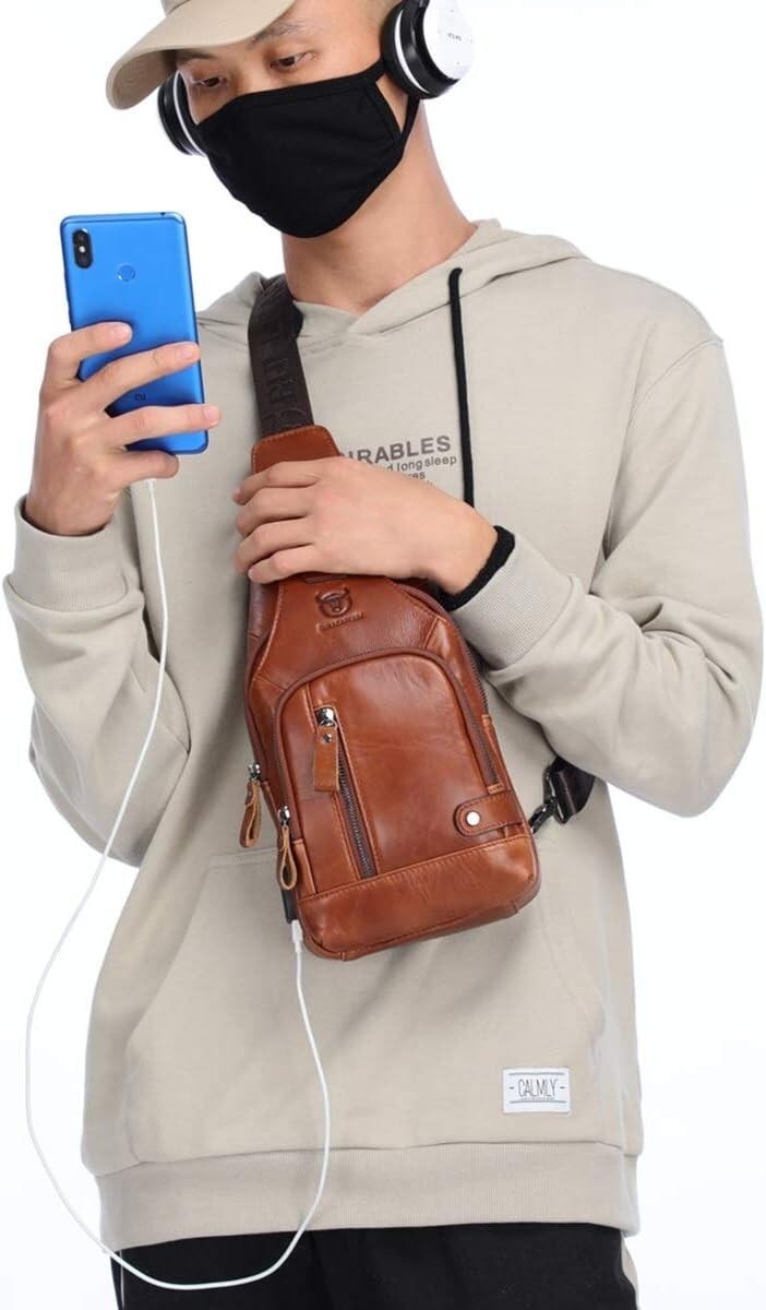 Compact Chest Bag for Men - Genuine Leather with USB Charging & Multi-Pockets