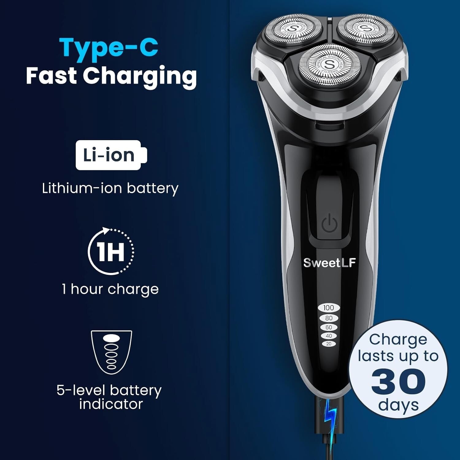 Waterproof 3D Rotary Shaver - USB-C Cordless Electric Razor with Extra Blades