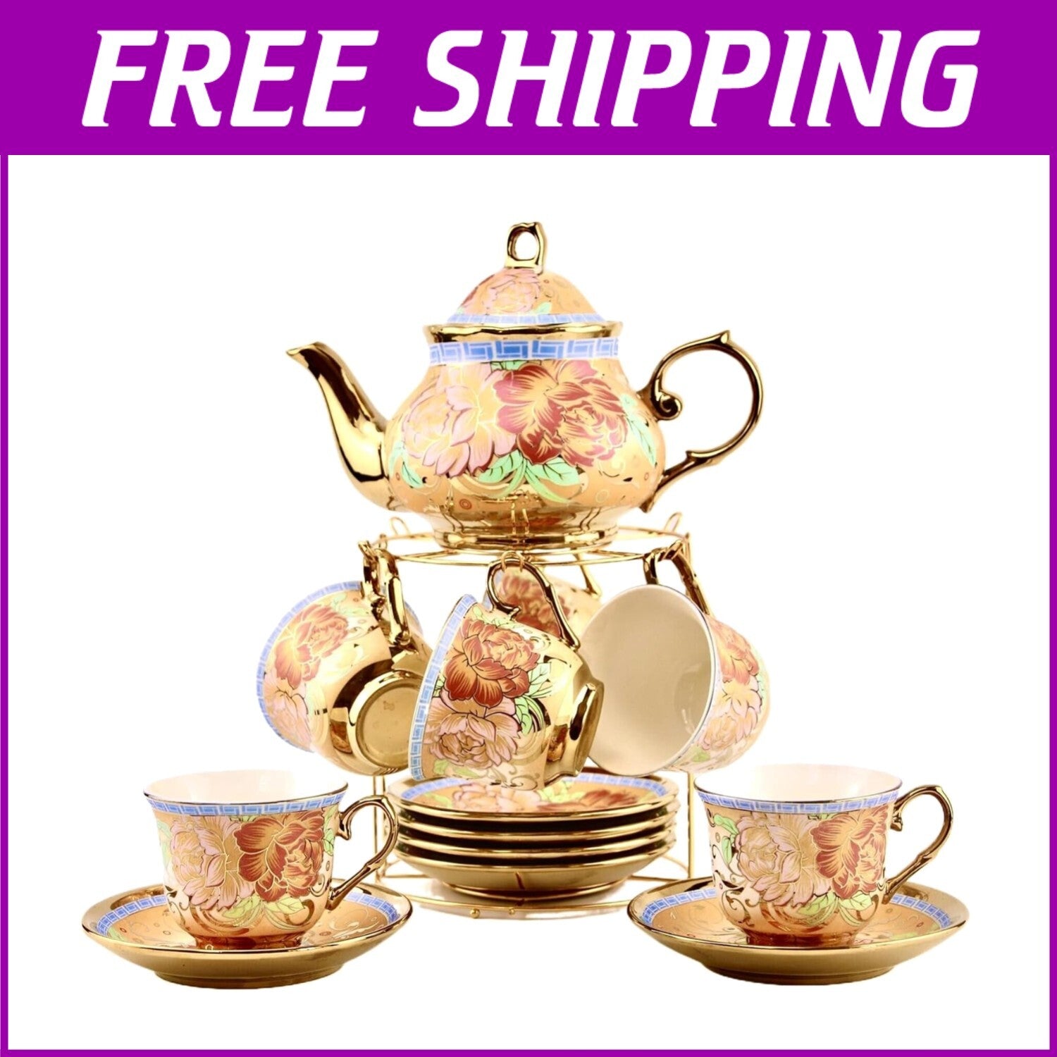 20-Piece European Porcelain Tea Set with Golden Holder - Flower Pattern