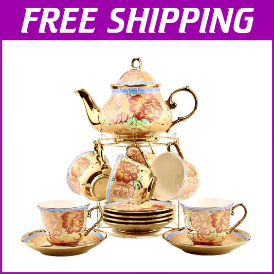20-Piece European Porcelain Tea Set with Golden Holder - Flower Pattern