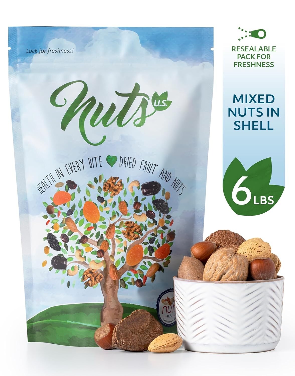 6 lbs Mixed Nuts in Shell: Almonds, Walnuts, Hazelnuts, Pecans & Brazil Nuts