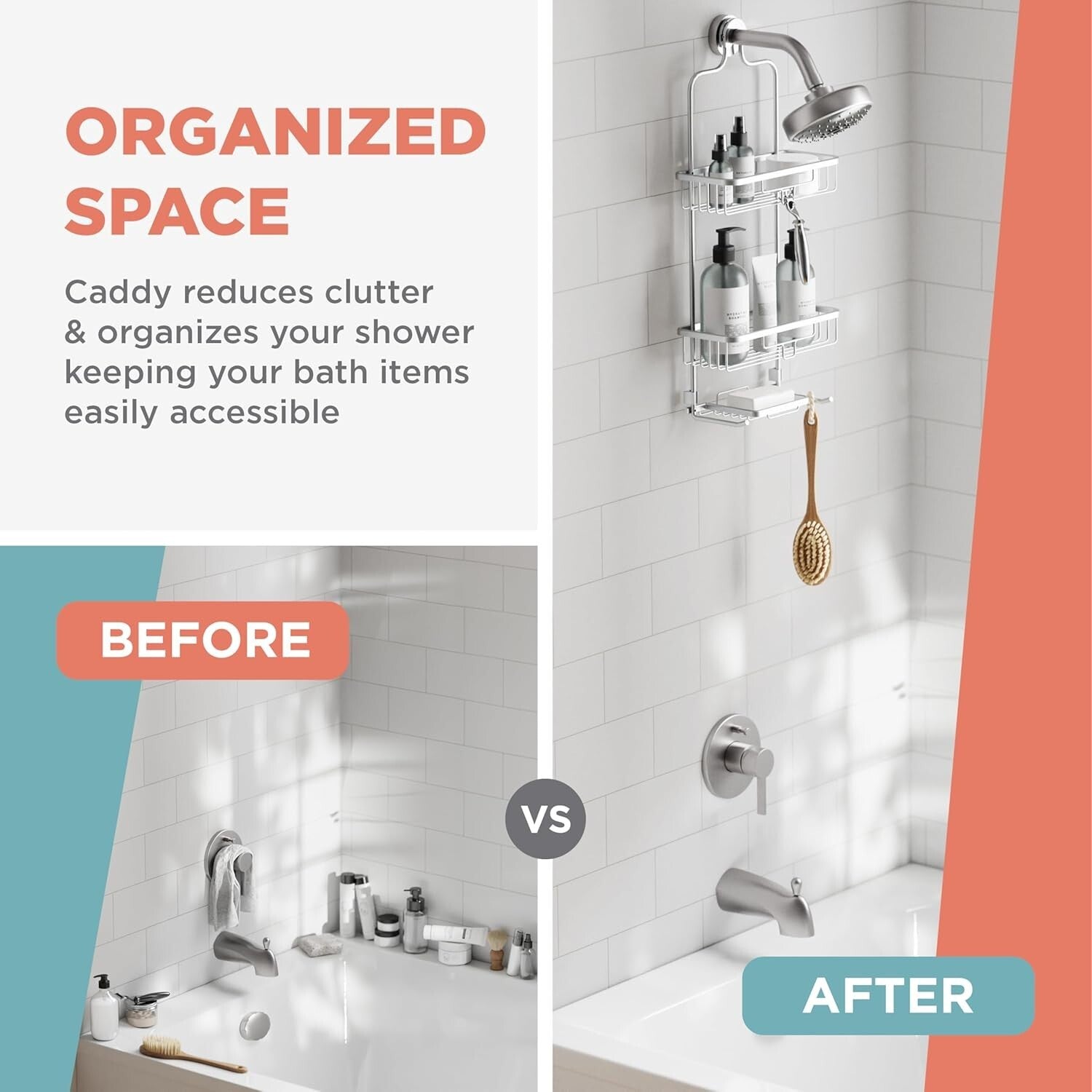 Rustproof Aluminum Shower Caddy - 2-Shelf Overhead Organizer in Satin Chrome