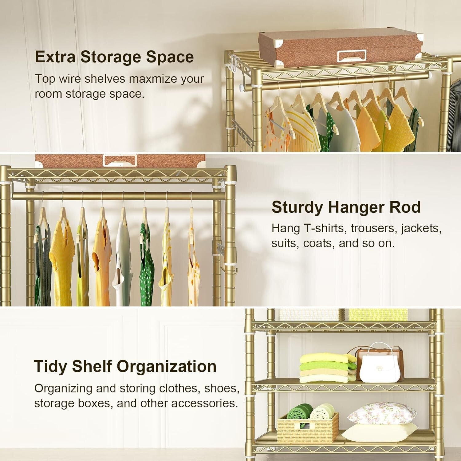 E1 Heavy Duty Adjustable 6-Tier Closet Garment Rack - Expandable Gold Organizer