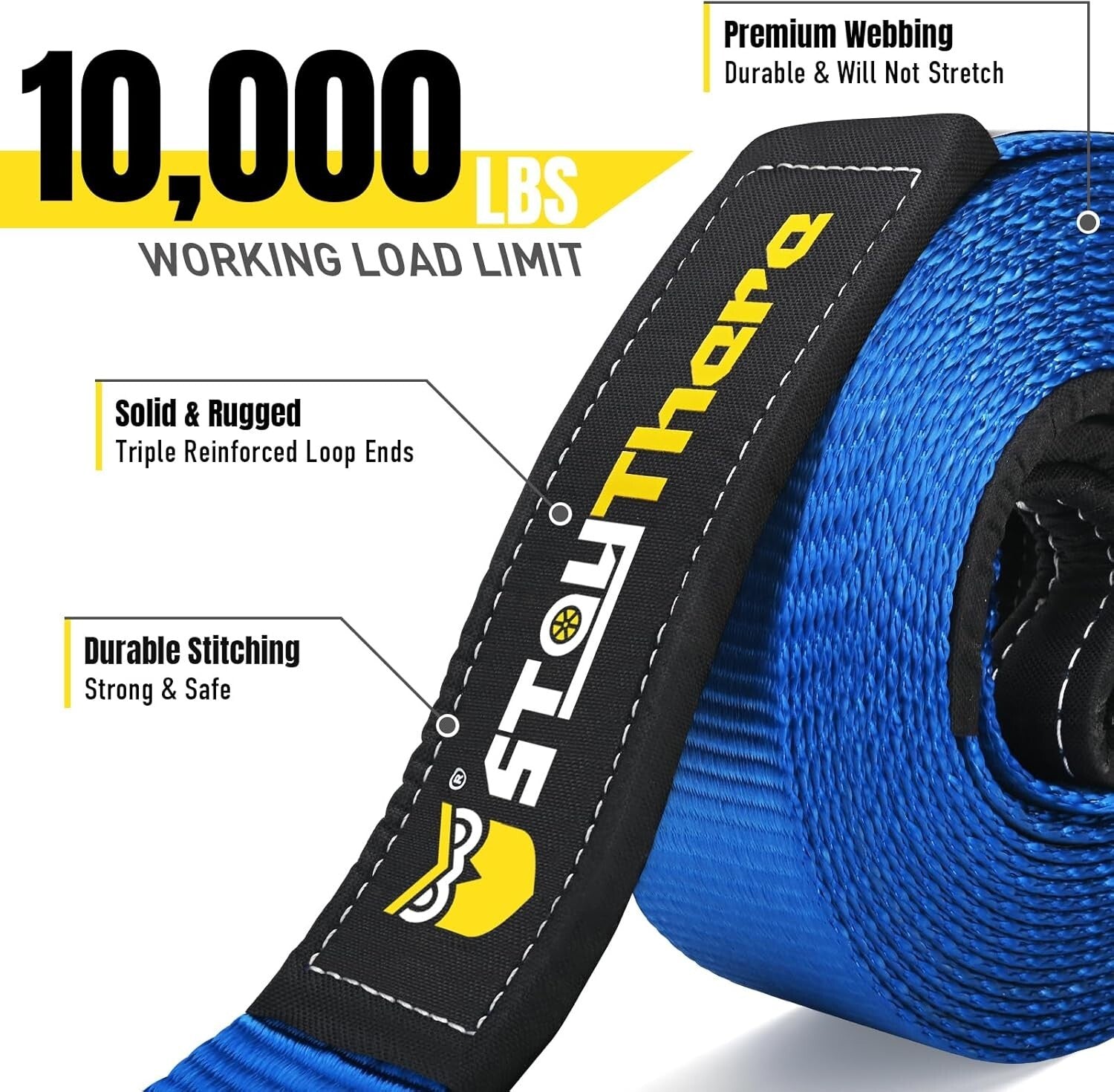 Heavy-Duty 3'' x 30 ft Recovery Tow Strap - 30,000 lb Capacity with Storage Bag