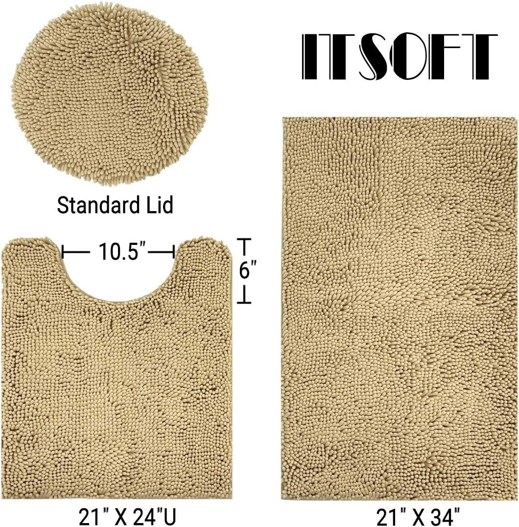 3pc Non-Slip Shaggy Chenille Bath Mat Set in Beige with Toilet Rug and Lid Cover