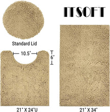 Load image into Gallery viewer, 3pc Non-Slip Shaggy Chenille Bath Mat Set in Beige with Toilet Rug and Lid Cover