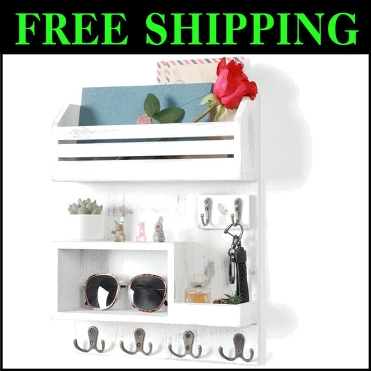 Vintage White Key Rack with 6 Metal Hooks - Stylish Wall Mount Storage Solution