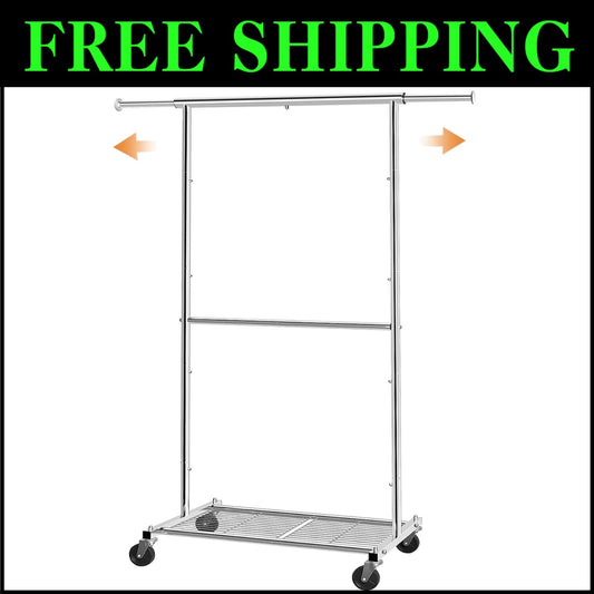Versatile Rolling Clothes Organizer with Chrome Finish & Adjustable Height Rod