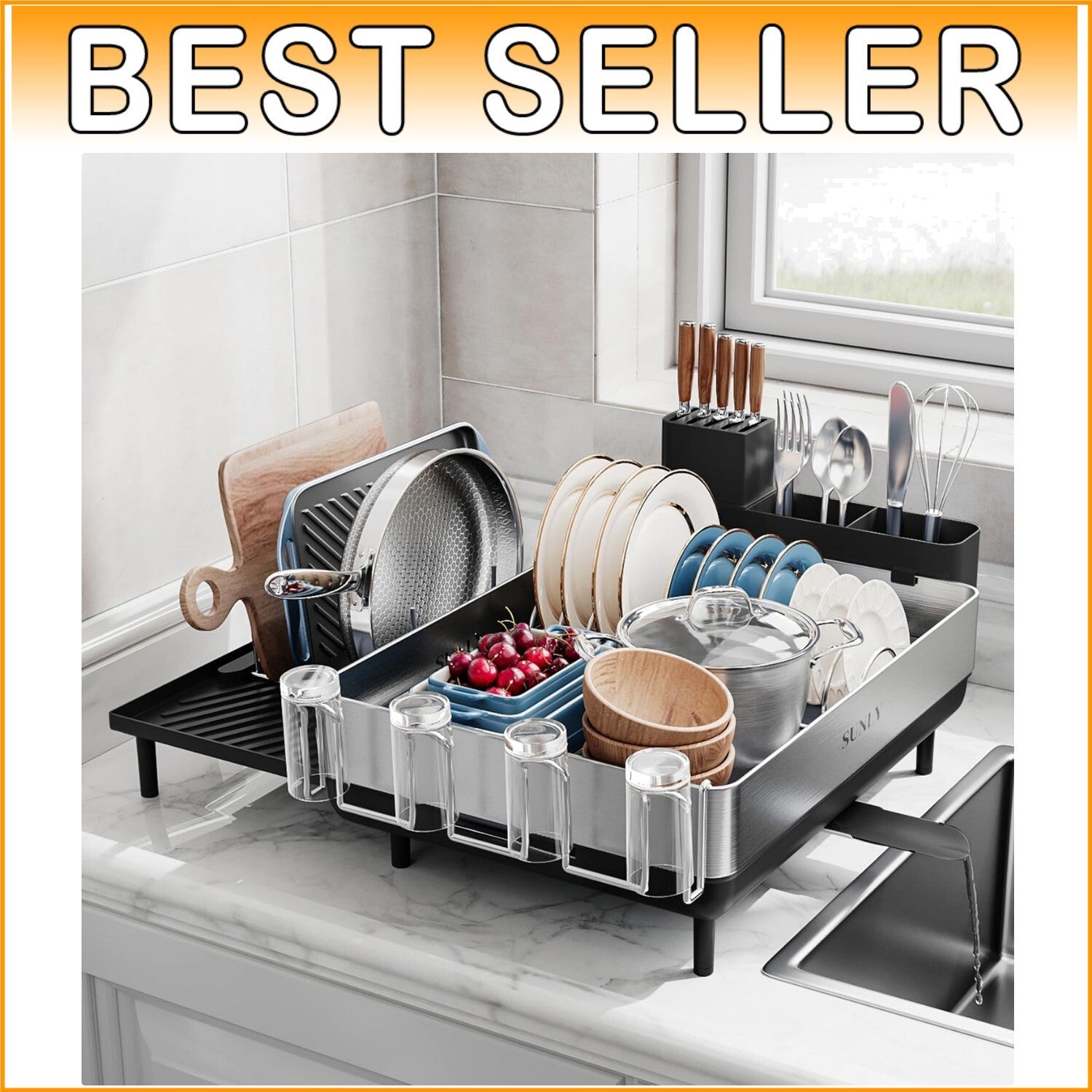 Black Expandable Dish Rack with Flip-Up Holders - 304 Stainless Steel Durability