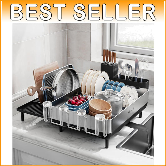 Black Expandable Dish Rack with Flip-Up Holders - 304 Stainless Steel Durability