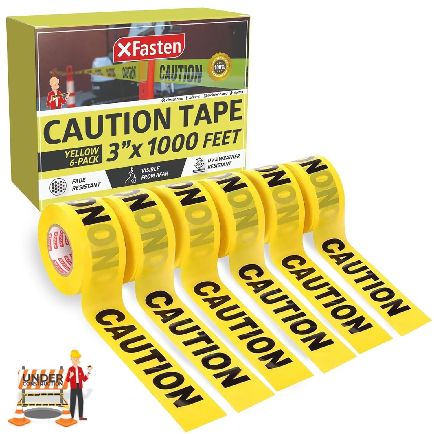 Weatherproof Yellow Caution Tape - 6-Pack, Ideal for Construction and Events