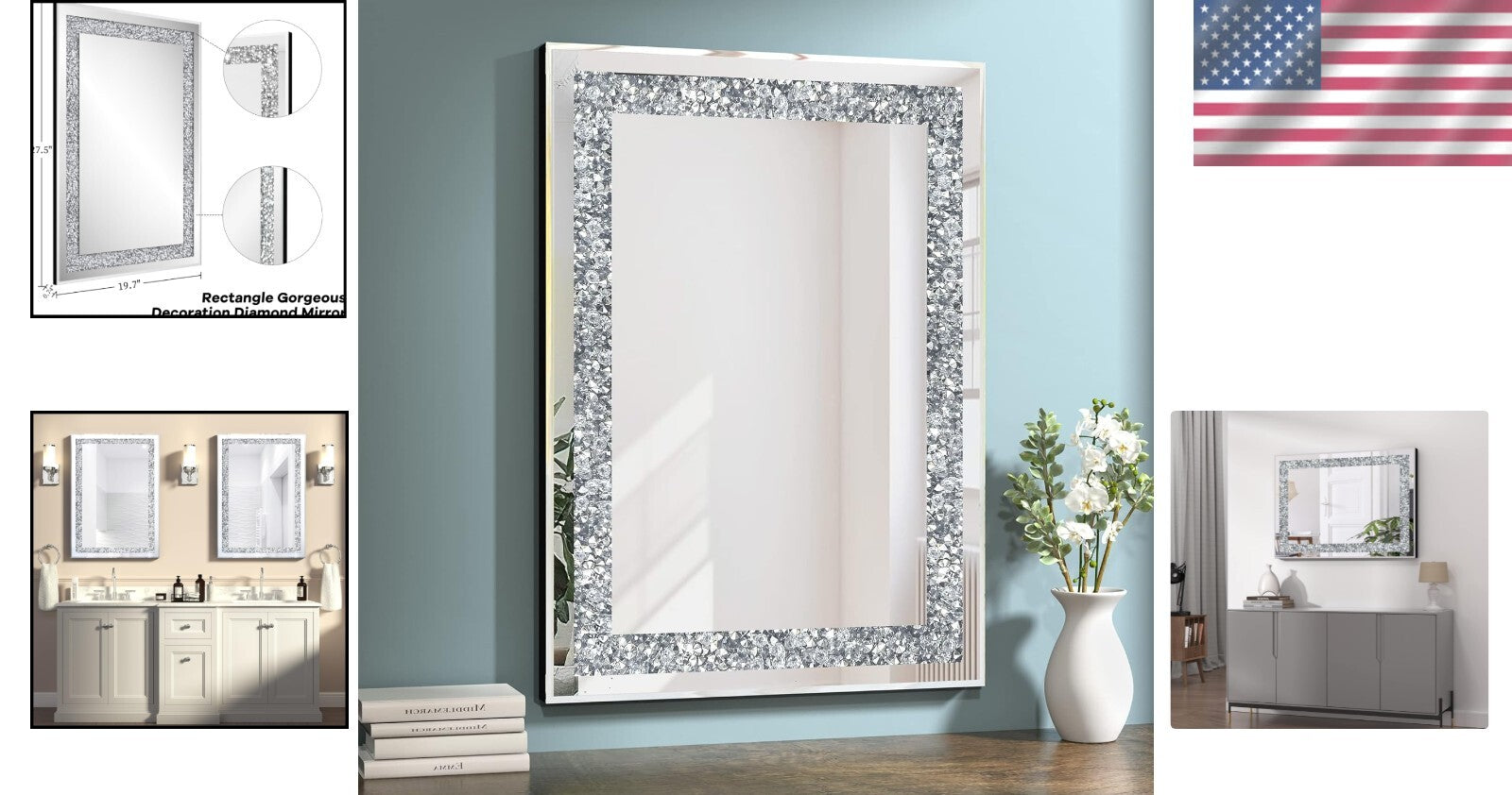 Elegant 28 x 20 Wall-Mounted Mirror - Crystal Bling for Any Decor Style