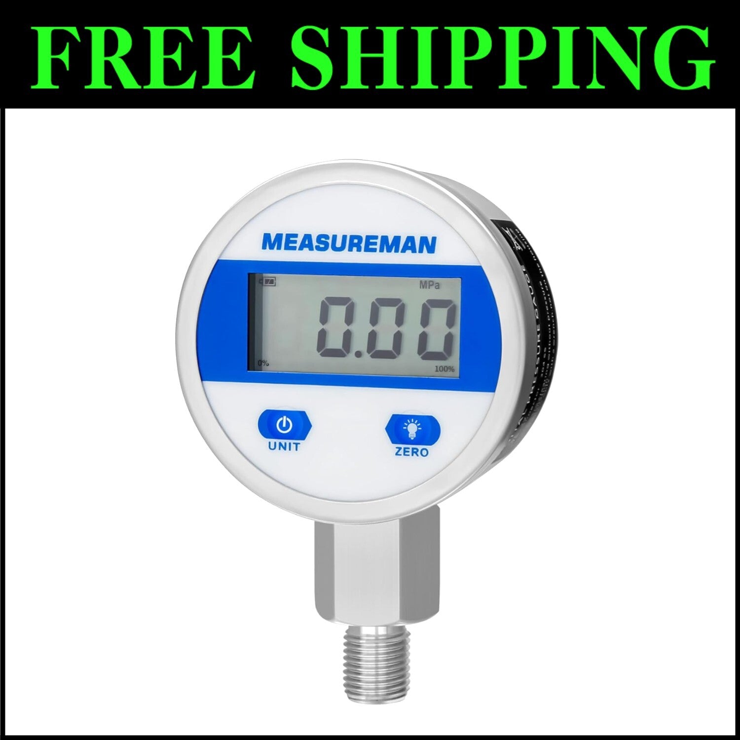 Compact 200psi Digital Pressure Gauge with LED Light - Stainless Steel 1/4" NPT