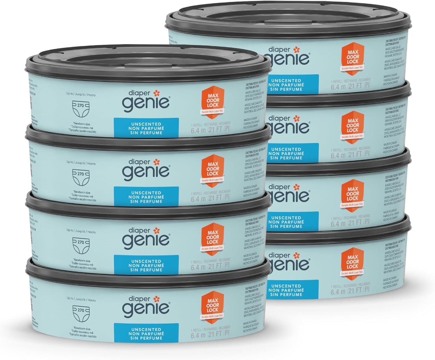 270 Count Diaper Pail Refills, 8 Pack with Blue Liners for Discreet Disposal