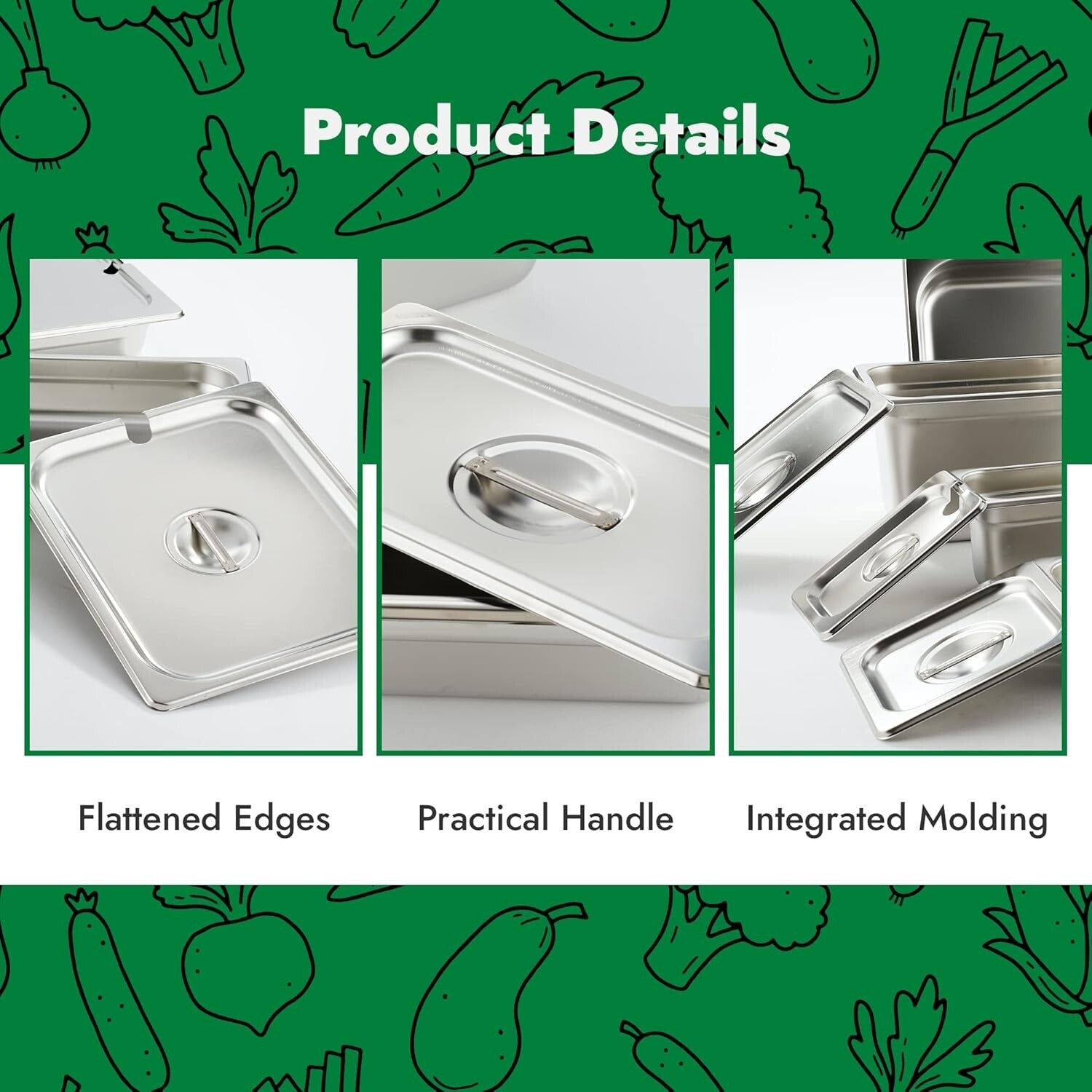 Durable 1/2 Size Stainless Steel Food Pan Covers - Set of 6 with Easy Handle