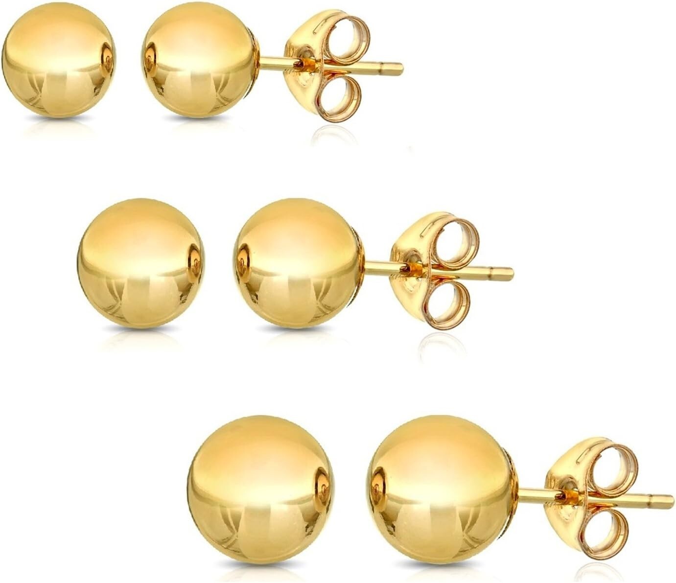 14K Solid Gold Triple-Pack Ball Stud Earrings - Comfortable for Sensitive Ears