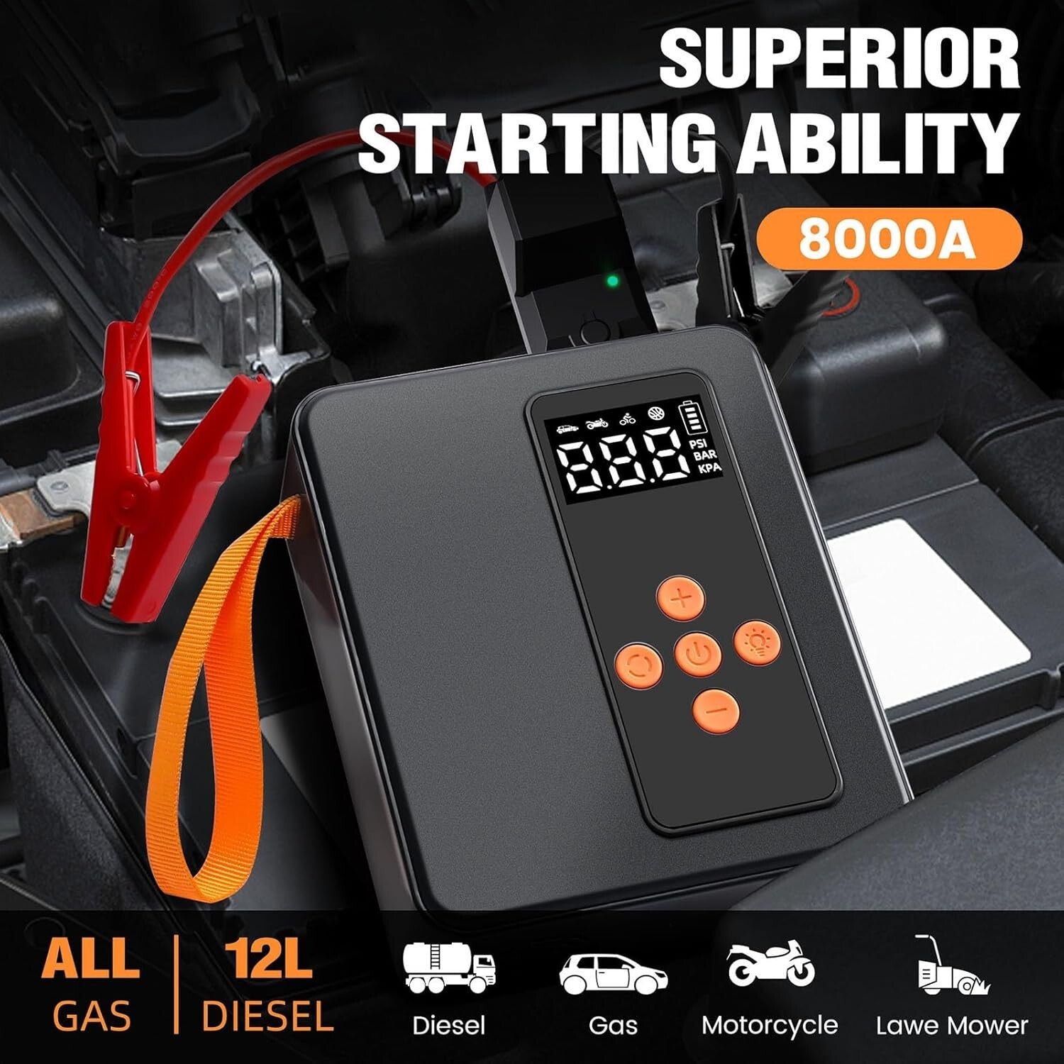 All-in-One Jump Starter & Tire Inflator - 8000A with 32000mAh & Bright LED Light