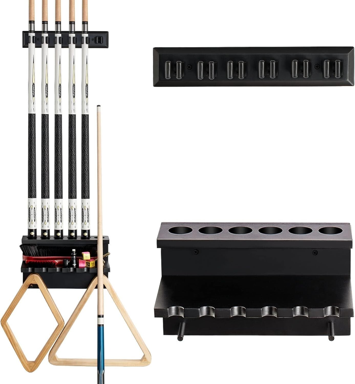 Classic Oak Pool Cue Storage Rack - Holds 6 Cues & Billiard Accessories