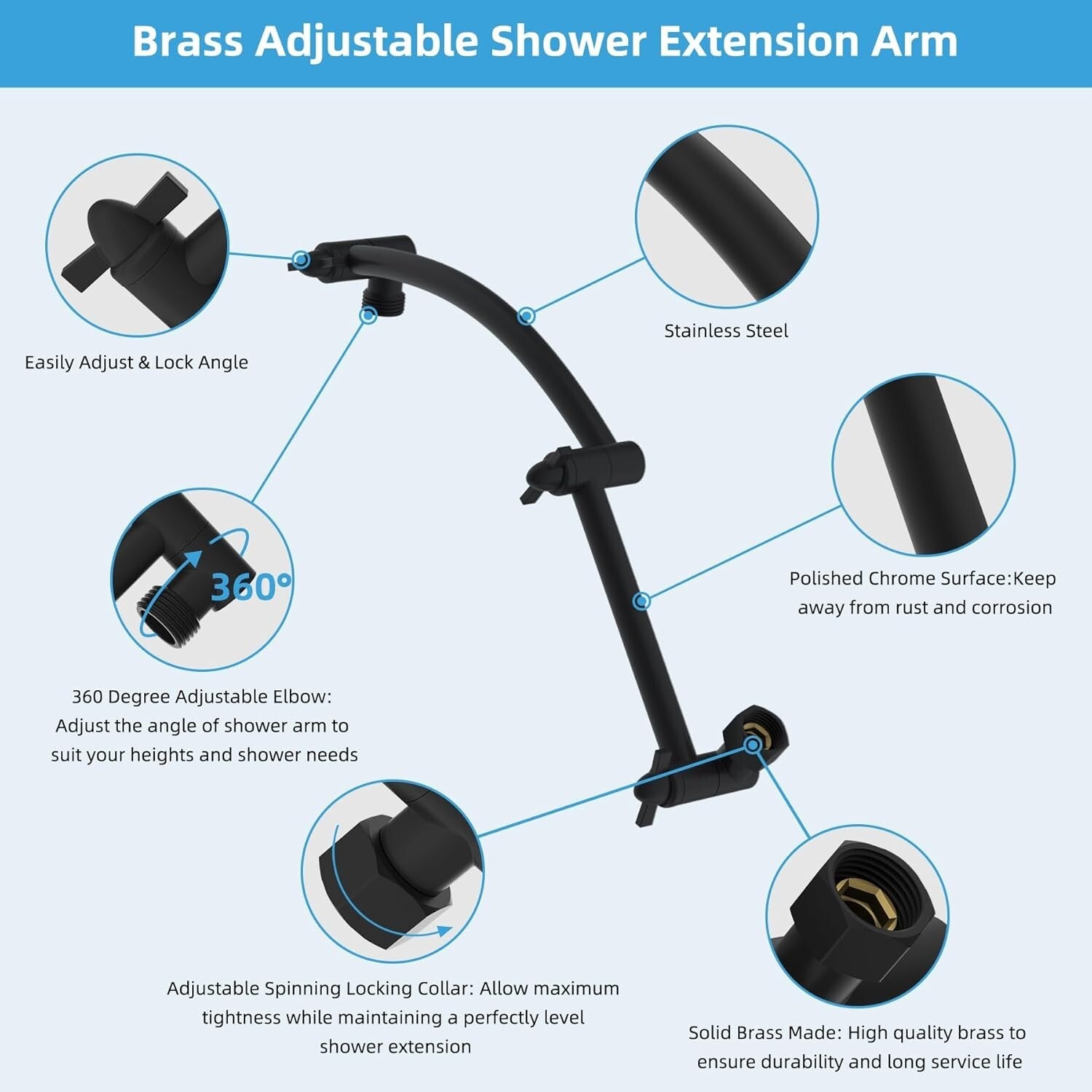 Durable Matte Black 16'' Shower Head Arm - Height Adjustable Brass & Steel Combo