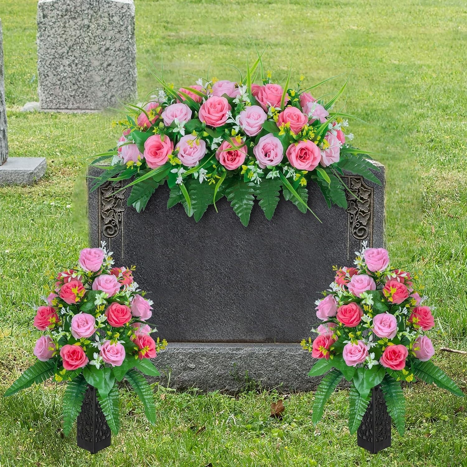 Vibrant Pink Silk Flower Saddle for Outdoor Grave Decoration - 24” Long