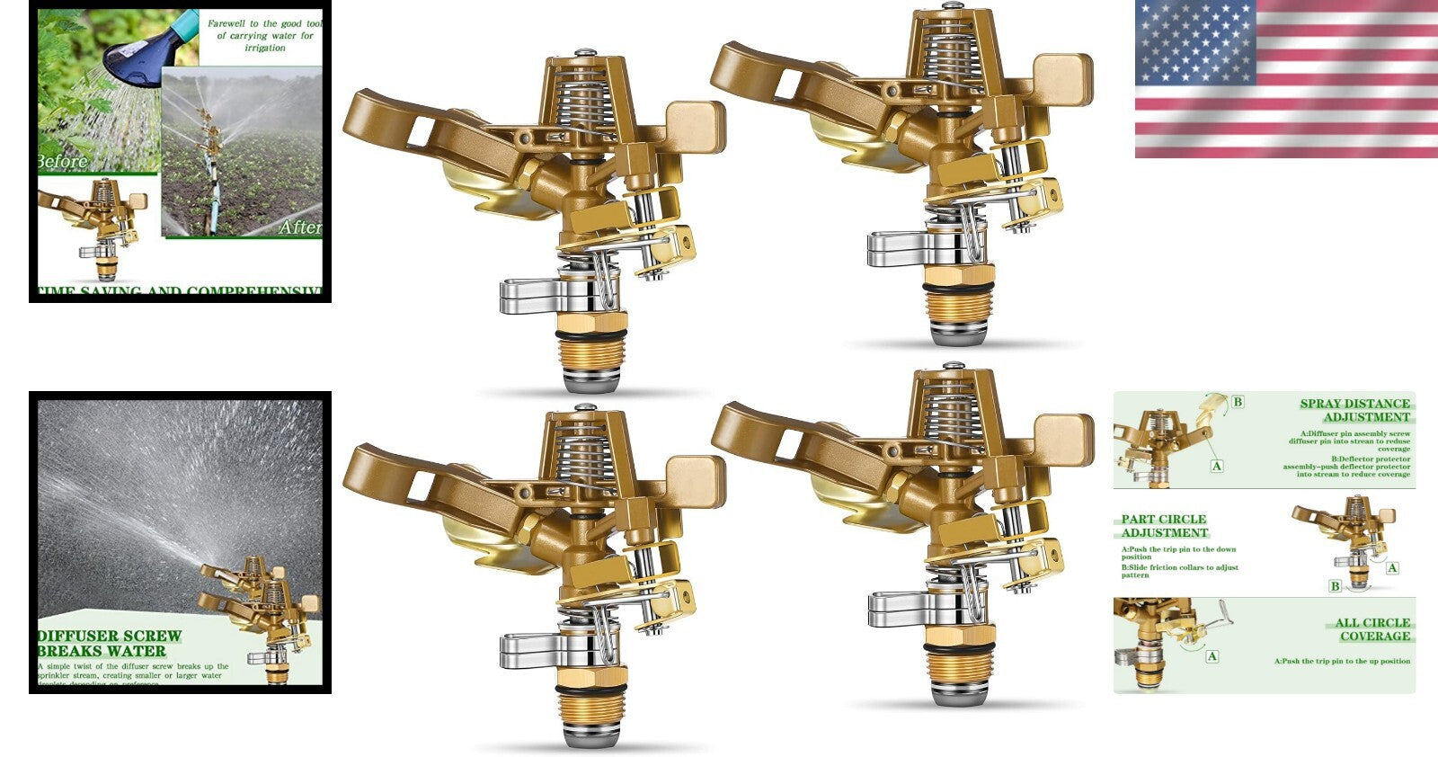 Durable Adjustable 4-Pack Brass Lawn Sprinklers - Efficient Garden Irrigation