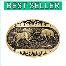 Load image into Gallery viewer, Intricate Fighting Elk Design Belt Buckle - Polished Brass for Every Outfit