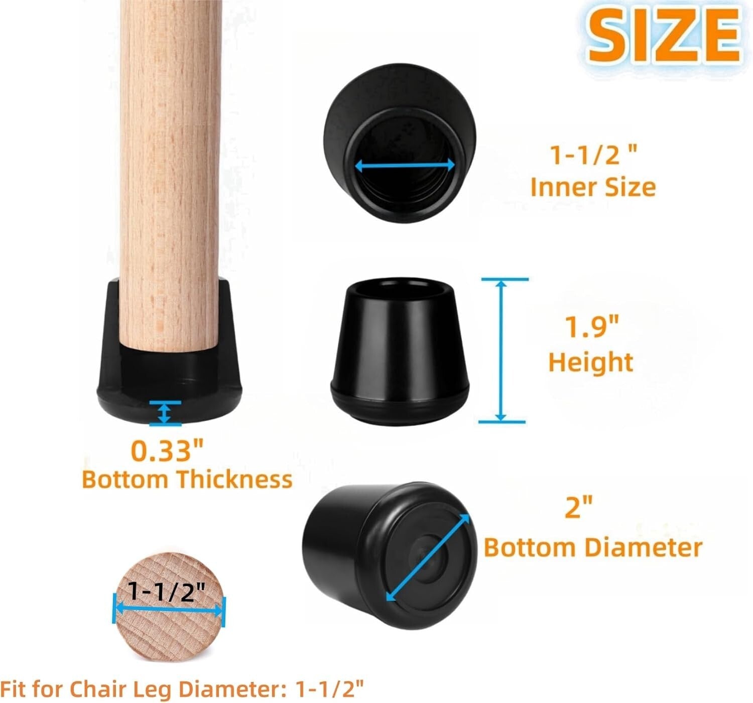 24 Pack of Round Black Chair Leg Tips - Floor Protectors for Noise & Scratches