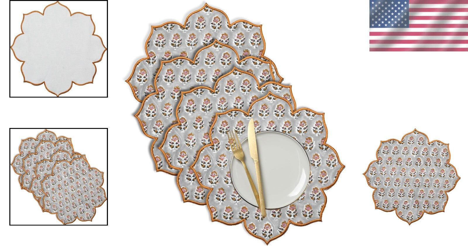 Set of 4 Cotton Block Printed Flower Placemats - Versatile Round Table Mats